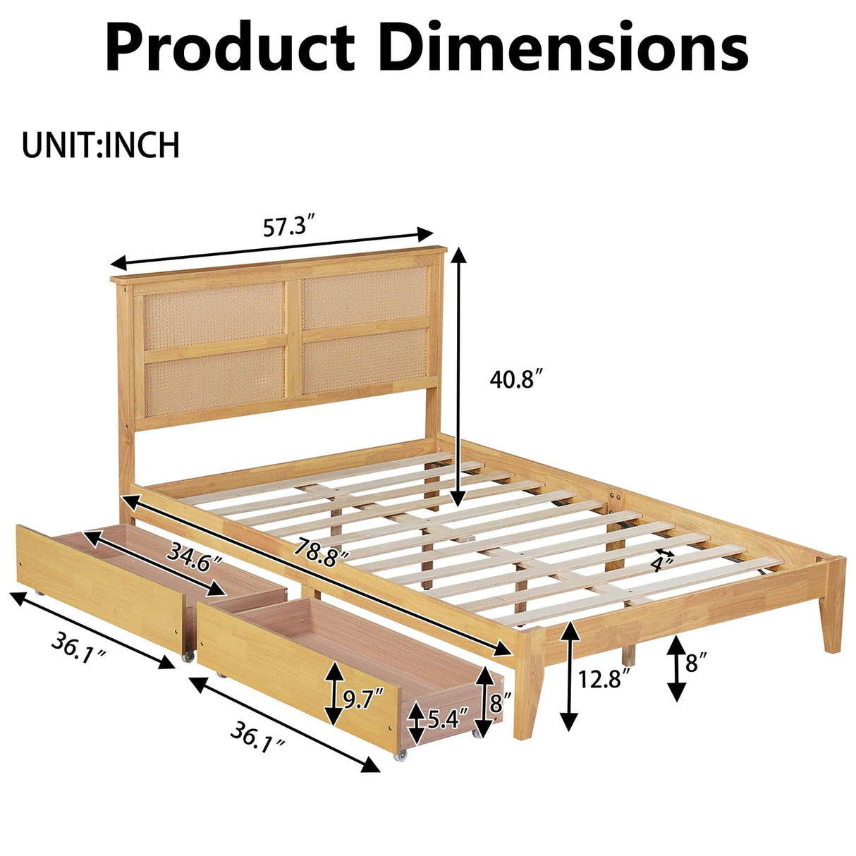 HRVEOCEI Boho Bed Frame Full with Rattan Headboard, Rattan Bed Frame & Full Beds Frames with Wood Legs, Solid Wood Beds Frames with Storage Underneath,Easy Assembly (White Oak, Full) HRVEOCEI