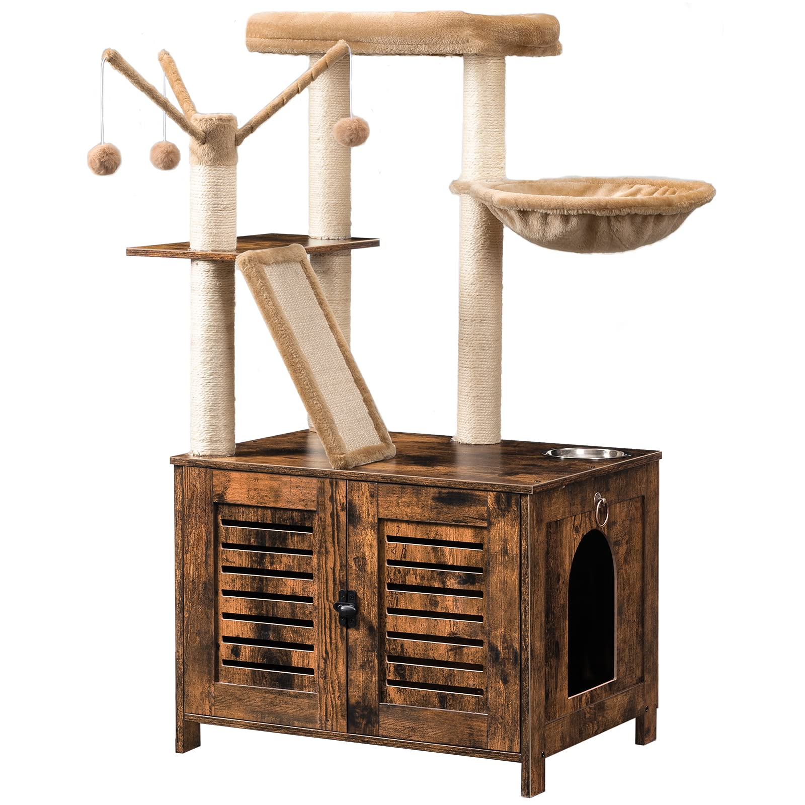 HOOBRO Cat Tree with Litter Box Enclosure, 44" Tall Wooden Cat Tower with Scratching Posts, Cat Hammock, Hidden Litter Box Furniture, All-in-One Indoor Cat Condo, Rustic Brown FG48MZ03 - WoodArtSupply