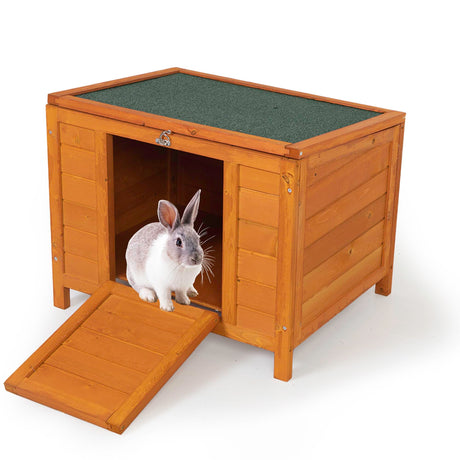 Small Wood Rabbit Hutch Bunny Cage, Raised Cat House with Ladder for Small Animals, Orange ANNECOSK