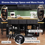 Kennkari Rolling Kitchen Island on Wheels with Drop Leaf and Seating, Wide Moblie Kitchen Island with Storage Cabinets and Power Outlet, Large Island Table with 2 Bar Stools (Type V. Black) Kennkari