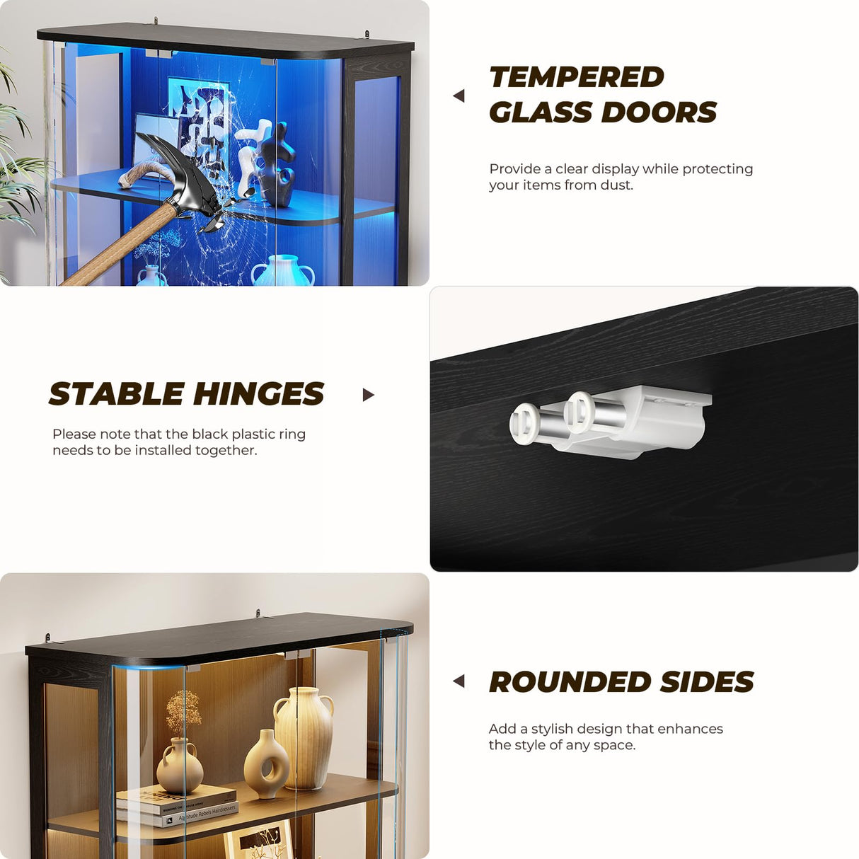 BROTTAR Large Rounded Display Cabinet with Glass Door, 4-Tier Curio Cabinet with 3 Color Lights for Collectibles, Glass Display Case with Transparent Full-Display Surface, Human Body Sensor, Black BROTTAR