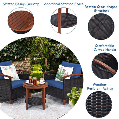 Tangkula 3 Pieces Patio Furniture Set, Outdoor Rattan Sofa and Side Table w/Solid Acacia Wood Frame, High Load Bearing Conversation Bistro Set w/Washable and Removable Cushions (Navy Blue) - WoodArtSupply