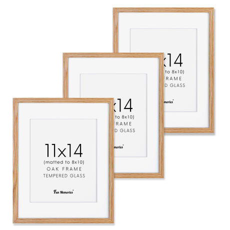 11x14 Picture Frame, 11"x14" Oak Wood Frame, 11x14 Picture Frame Set of 3, 11x14 Frame with Mat for 8x10, Real Tempered Glass, 11 x 14 Photo Frame for Wall (Natural Oak Color, 3 Pack) Fun Memories