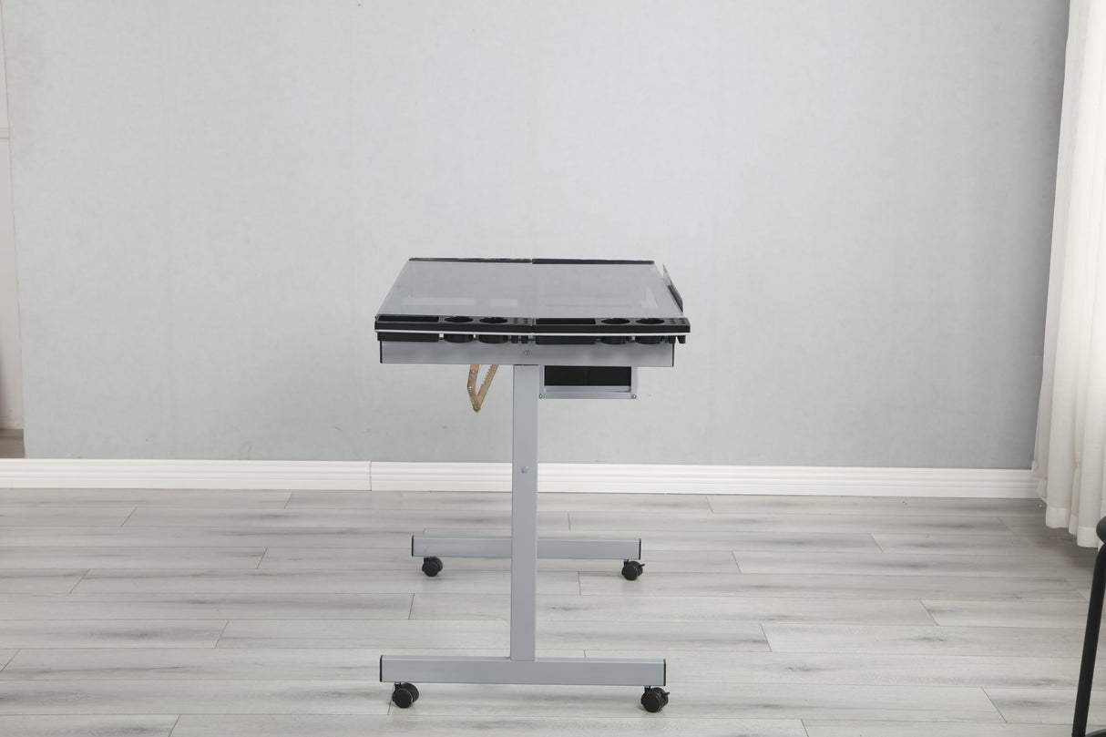 Drafting Table, Height Adjustable Drawing Table, Multifunctional Art Craft Paintings Work Station w/2 Storage Drawers Artists Desk Tilting Glass Tabletop for Home Office, Silver Grey Gaderth