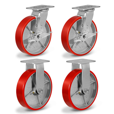 NINOSO 8"X 2" Heavy Duty Caster Wheels, Swivel Casters Set of 4 Polyurethane Wheel with Strong Load-Bearing Capacity 6000lbs, Industrial Casters for Toolbox Workbench (2 Brakes & 2 Rigid) Ninoso