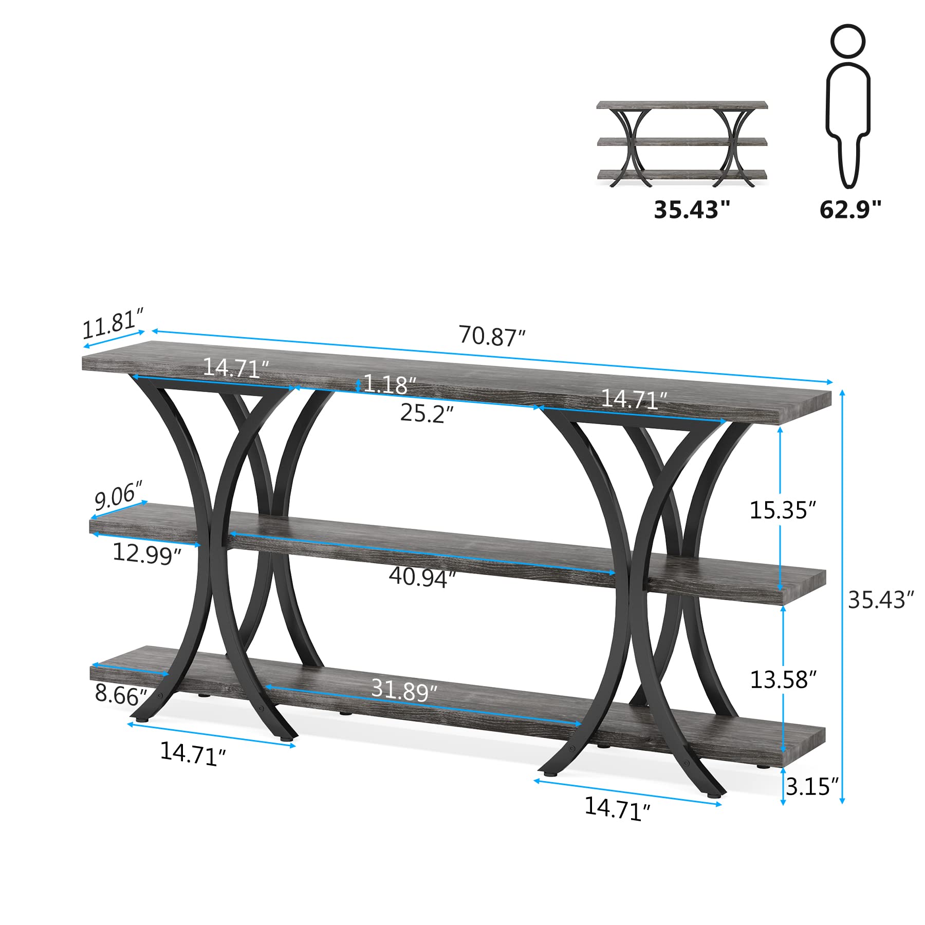 Tribesigns 70.8 Inch Narrow Console Table, Long Sofa Table Entry Table with 3 Tier Storage Shelves for Entryway Hallway Living Room (Gray) - WoodArtSupply