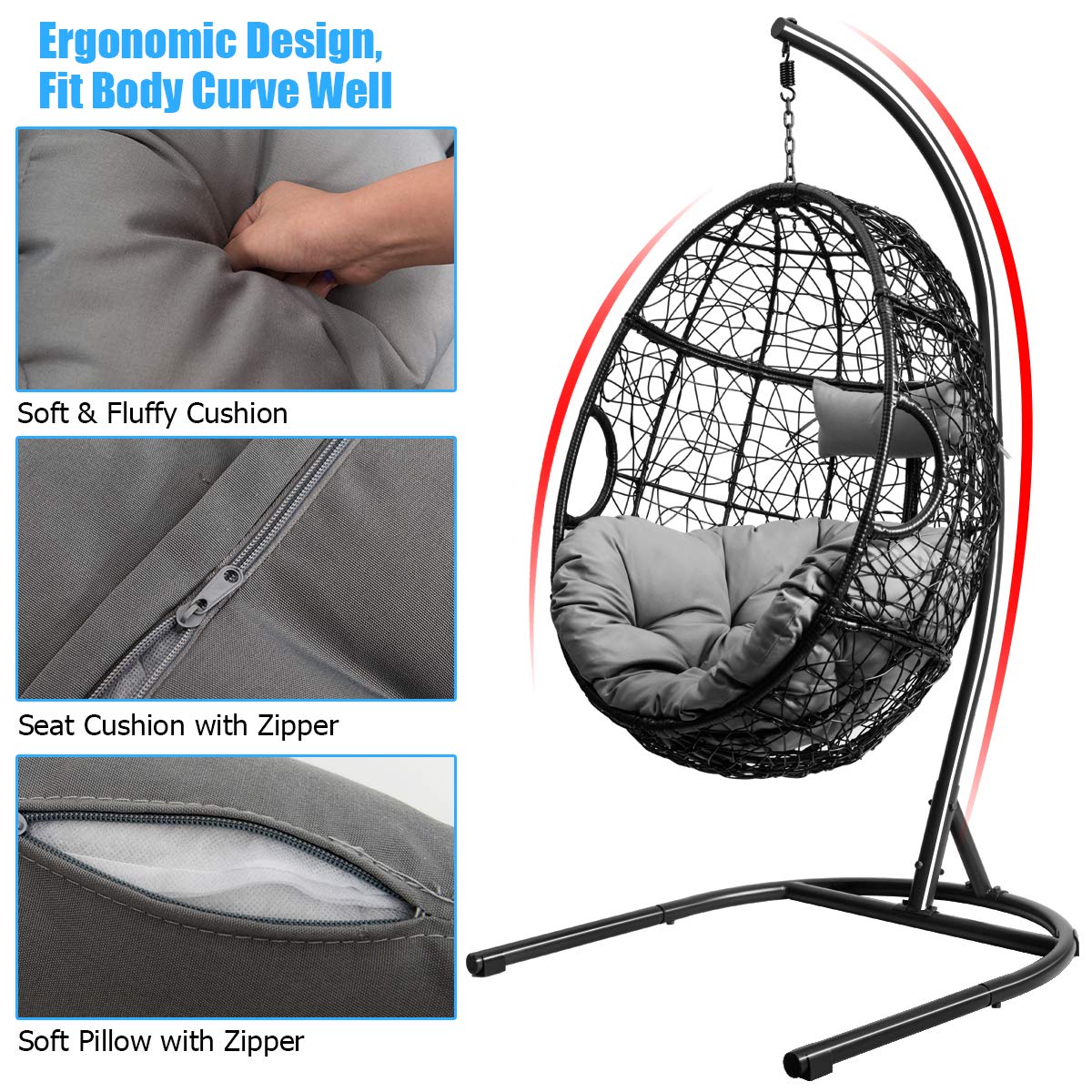 Giantex Hanging Egg Chair, 36.5-Width Oversized Swing Chair with C-Hammock Stand Set, Hammock Chair with Soft Seat Cushion & Pillow, Multifunctional Hanging Chairs for Outdoor Indoor Bedroom (Gray) Giantex