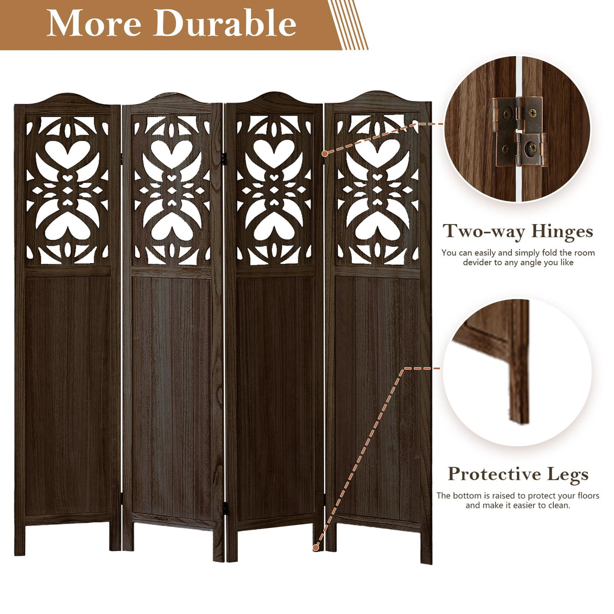 Leesinwing Room Divider, 4 Panel Wood Room Divider Wall, Carved Vault Room Dividers, Rustic Minimalism Room Partition, 5.6Ft Room Dividers and Folding Privacy Screens, Dark Brown Leesinwing