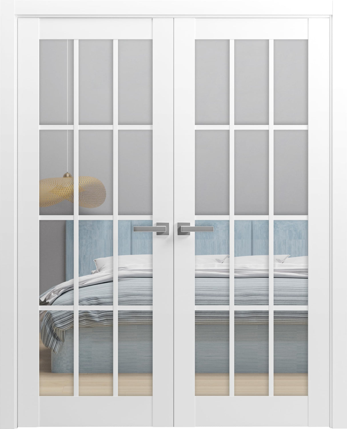 Solid French Double Doors 56 x 80 inches Clear Glass 3 Lites | Felicia 3355 White Silk | Wood Solid Panel Frame Trims | Closet Bedroom Sturdy Doors SARTODOORS