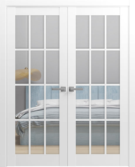 Solid French Double Doors 56 x 80 inches Clear Glass 3 Lites | Felicia 3355 White Silk | Wood Solid Panel Frame Trims | Closet Bedroom Sturdy Doors SARTODOORS