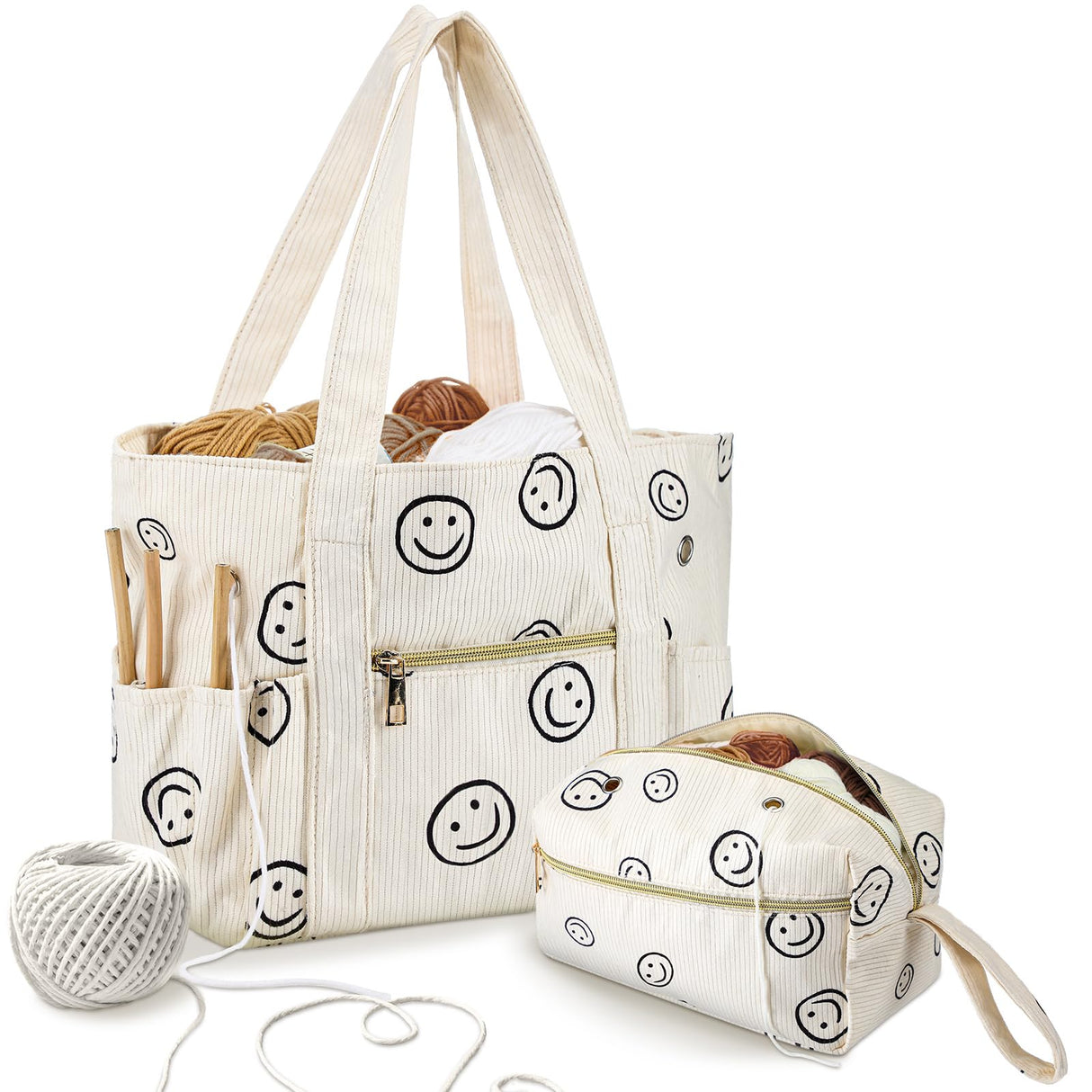 Bulyoou 2 Pcs Crochet Bag and Tote Set Corduroy Yarn Crochet Tote Bag for Hooks Organizer Smile Face Design Yarn Holder for Mother's Day Gift Lovers Knitting Accessories Bulyoou