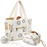 Bulyoou 2 Pcs Crochet Bag and Tote Set Corduroy Yarn Crochet Tote Bag for Hooks Organizer Smile Face Design Yarn Holder for Mother's Day Gift Lovers Knitting Accessories Bulyoou