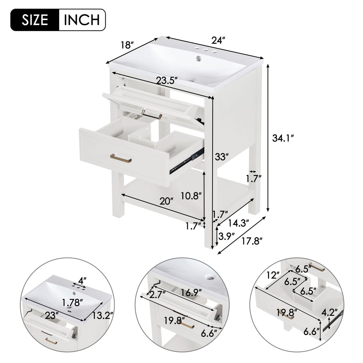 Virubi 24" Bathroom Vanities with Single Sink Combo, Modern Undermount Bathroom Sink Cabinet with Double Drawers and Open Self, Freestanding Bathroom Sink Cabinet (White) Virubi