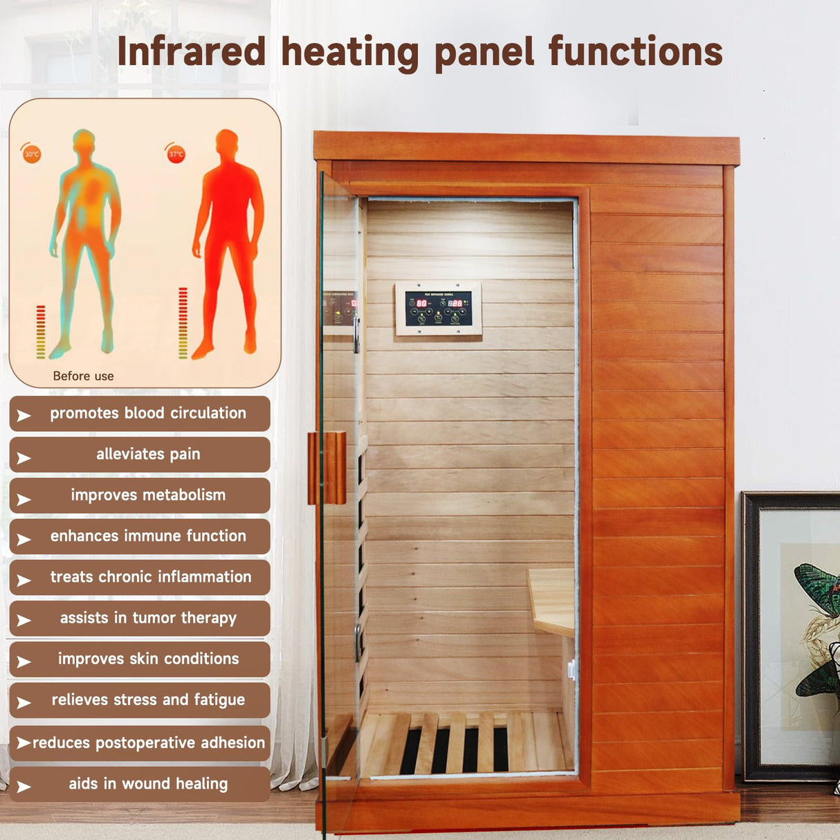 HAOYAYA Infrared Sauna Room with 5 Heating Plates 800W Low-EMF Dry Saunas African Okoume Wood 1-Person Sauna Infrared Room: 35.24 * 27.56 * 61.61 inches. HAOYAYA