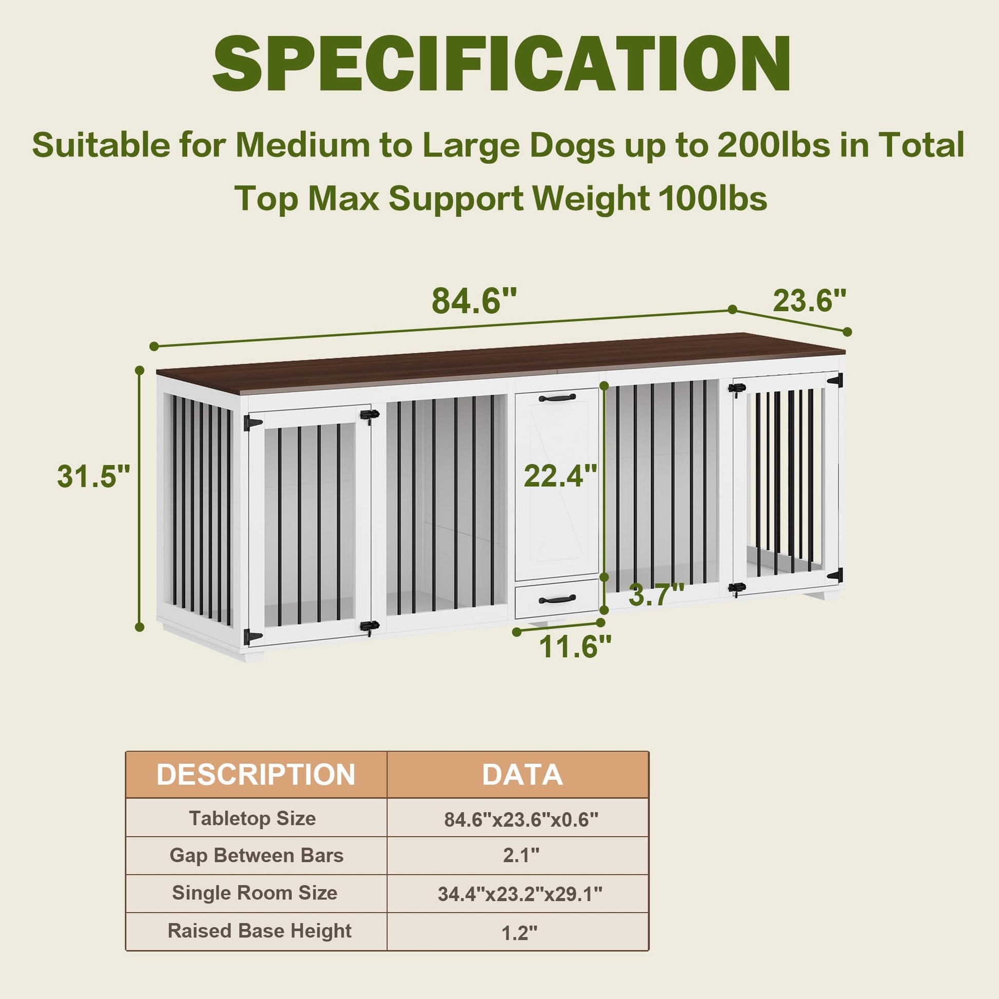 DAWNSPACES Large Furniture Style Large Dog Crate for 2 Dogs with 2 Dog Bowls & a Storage Drawer, 86.6" Heavy Duty Wooden Dog Kennel, Indoor Dog kennel for Large Medium Dogs, TV Stand Table, W - WoodArtSupply