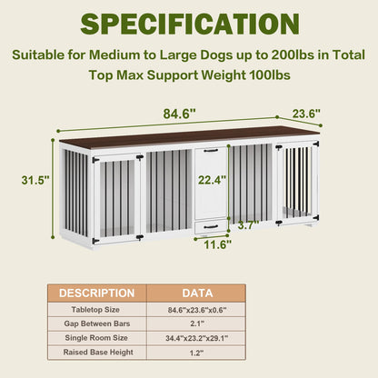 DAWNSPACES Large Furniture Style Large Dog Crate for 2 Dogs with 2 Dog Bowls & a Storage Drawer, 86.6" Heavy Duty Wooden Dog Kennel, Indoor Dog kennel for Large Medium Dogs, TV Stand Table, W - WoodArtSupply