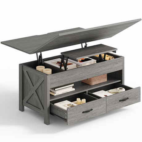 Amada Lift Top Coffee Table with Storage, Farmhouse Wood Coffee Table with Hidden Compartment, One Open Shelf and Two Drawers, Center Table for Living Room and Home Office, Gray AMADA HOMEFURNISHING