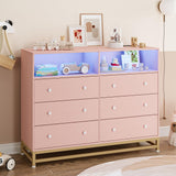 TrailBlaze Wide Dresser for Bedroom with Charging Station, 6 Drawer Modern Large Capacity Storage Cabinet Chests of Drawers & Wood Dressers Closet with Led Lights Pink TrailBlaze