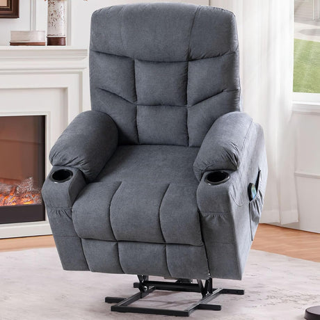 Esright Modern Electric Recliner Chair for Adults, Heavy Duty Power Lift Recliner with Heated Vibration Massage, Side Pockets, USB Charge Port & Cup Holders, Blue Grey Esright