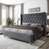 Jocisland Bed Frame King Size Velvet Tufted Upholstered Bed Low Profile Platform Bed Raised Wingback Headboard/Wood Slats Support/No Box Spring Needed/Easy Assembly/Grey Jocisland