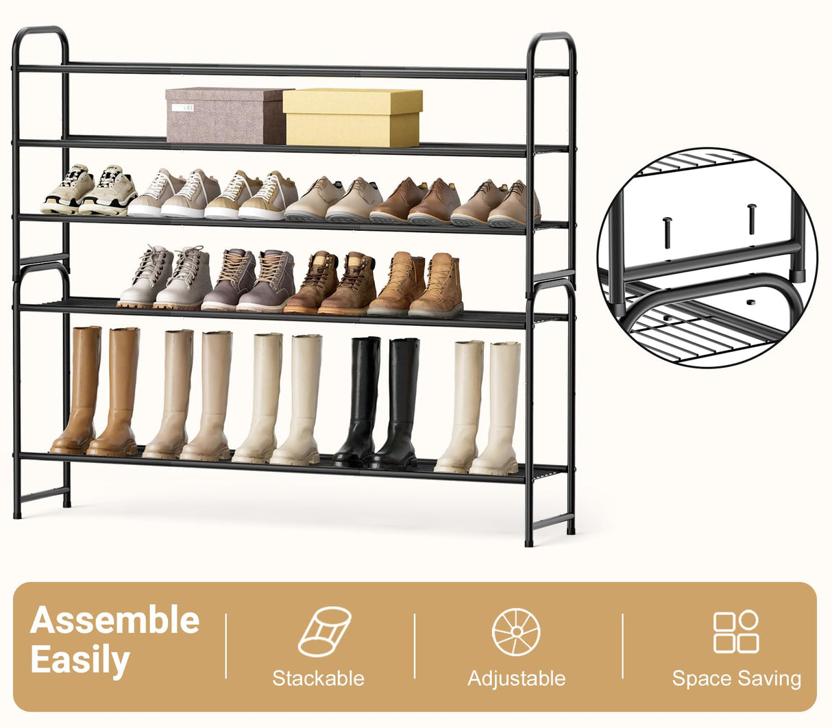 KEETDY 3-Tier Long Shoe Rack for Closet Metal Shoe Organizer for Entryway, Wide Stackable Shoe Storage Shelf with Sturdy Wire Grid for Closet Floor, Bedroom, Black KEETDY