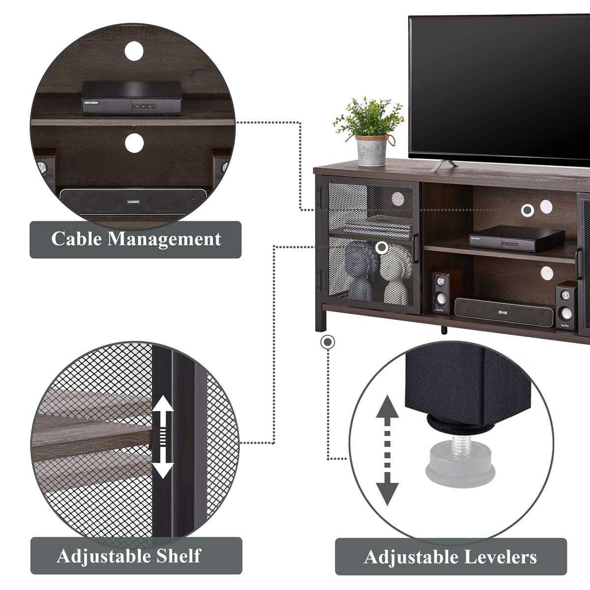 FATORRI Industrial Entertainment Center for TVs up to 65 Inch, Rustic Wood TV Stand, Large TV Console and TV Cabinet for Living Room (60 Inch Wide, Walnut Brown)