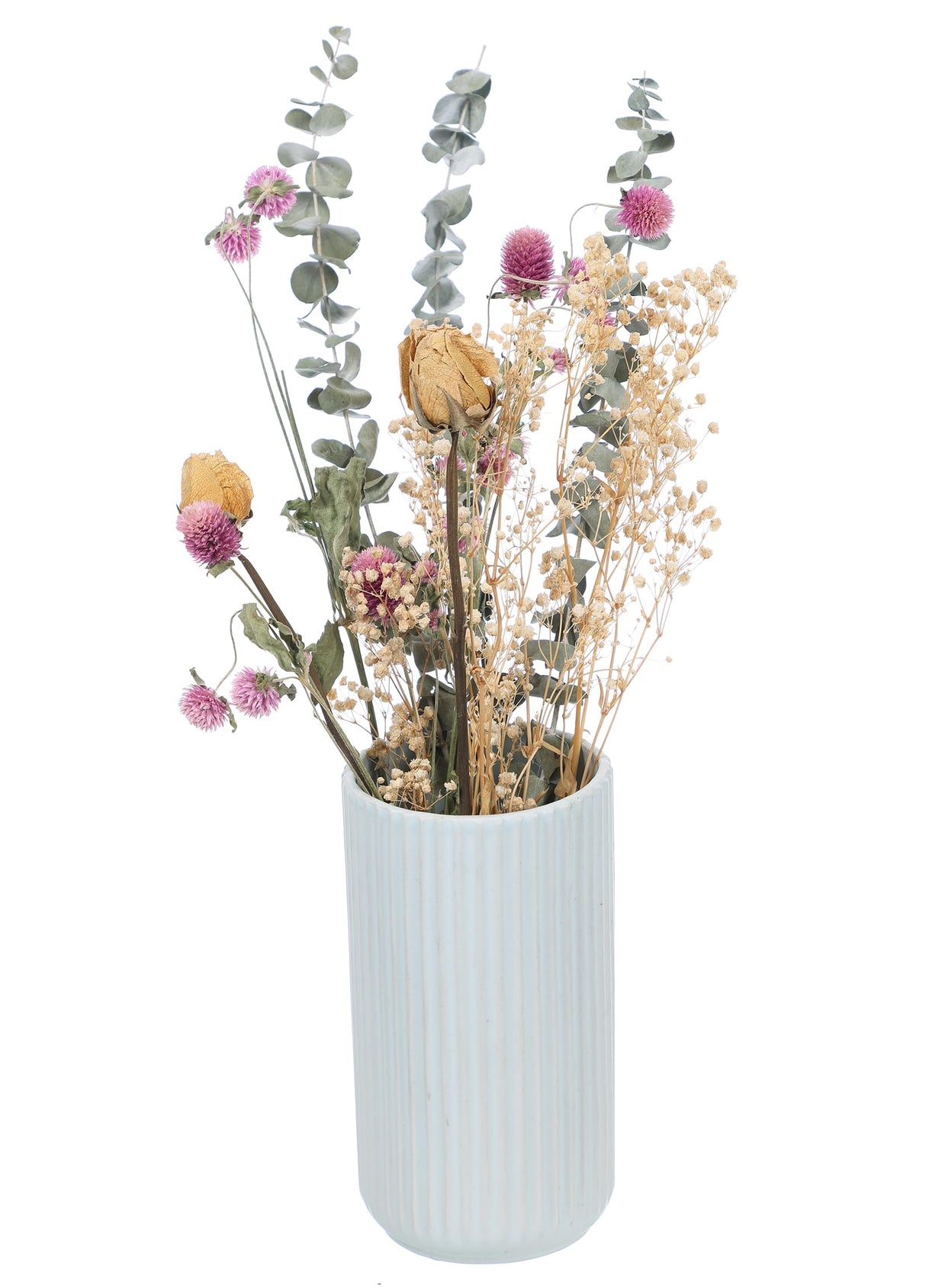 Botius 17" Natural Dried Flower Bouquet Real Flower Arrangements with Dried Eucalyptus, Yellow Rose, Baby Breath/Gypsophila, Gomphrena Globosa for Home Wedding Table Vase Wall Hanging Décor Botius