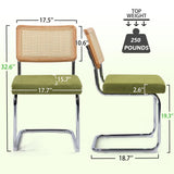KROFEM Modern Cesca Cane Dining Chairs, Set of 2, Handwoven Rattan Cane Back, Chrome Base, Upholstered Cotton Seat, Ideal for Kitchen or Dining Room, Green KROFEM