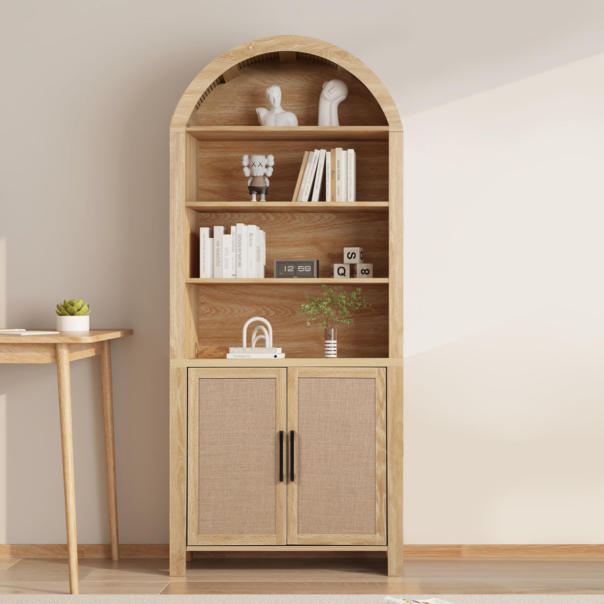 Janmer Home 71" Tall Arched Bookcase with Storage, Mid-Century Modern 6-Tier Curved Cabinet with Door, Arched Bookshelf Cabinet with Open Display Storage Shelf for Office Living Room (Natural) Janmer Home