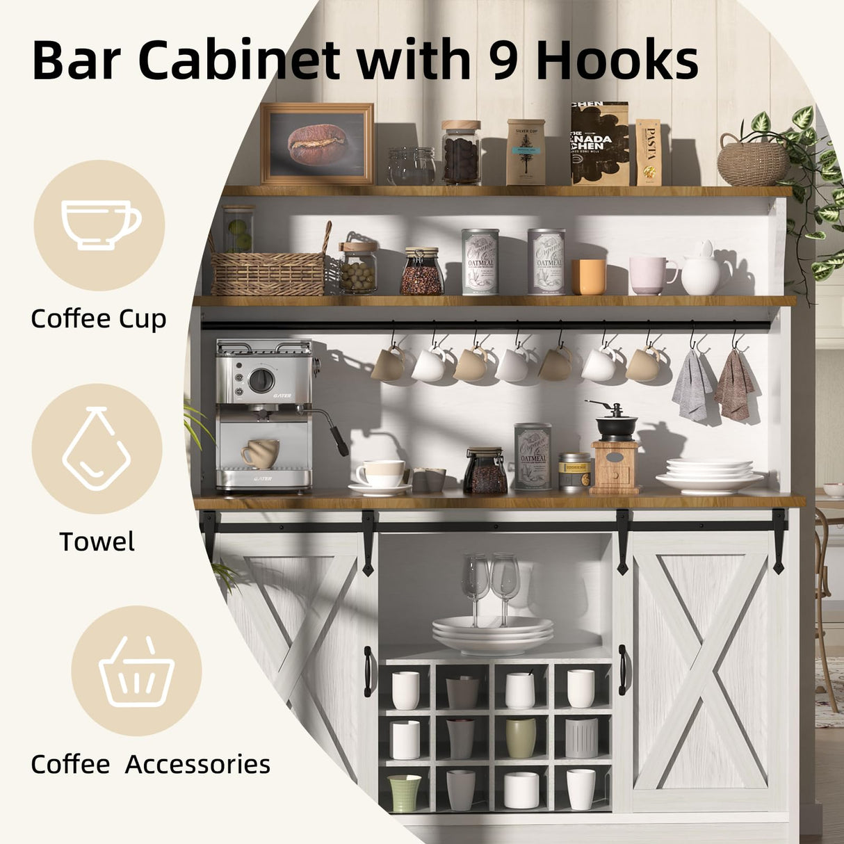 BestHaped 55'' Farmhouse Coffee Bar Cabinet with 3 Tier Storage Hutch, Coffee Bar Station with Sliding Barn Door, Hutch Storage Cabinet with 12 Wine Racks & 9 Hooks for Kitchen Dining Living Room BestHaped