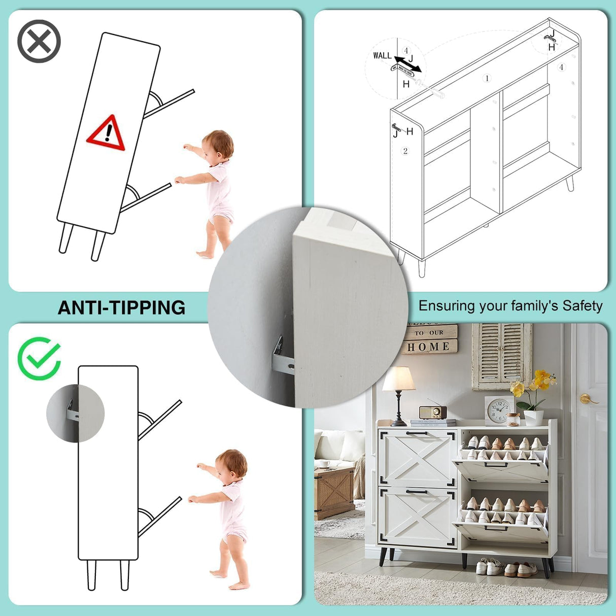Barnyatoh Shoe Storage Cabinet,Farmhouse Shoe Organizer with 4 Flip Drawers & Barn Door Design,Freestanding Hidden Slim Narrow Shoe Rack Cabinet for Entryway,Foyer,Hallway,Antique White Barnyatoh