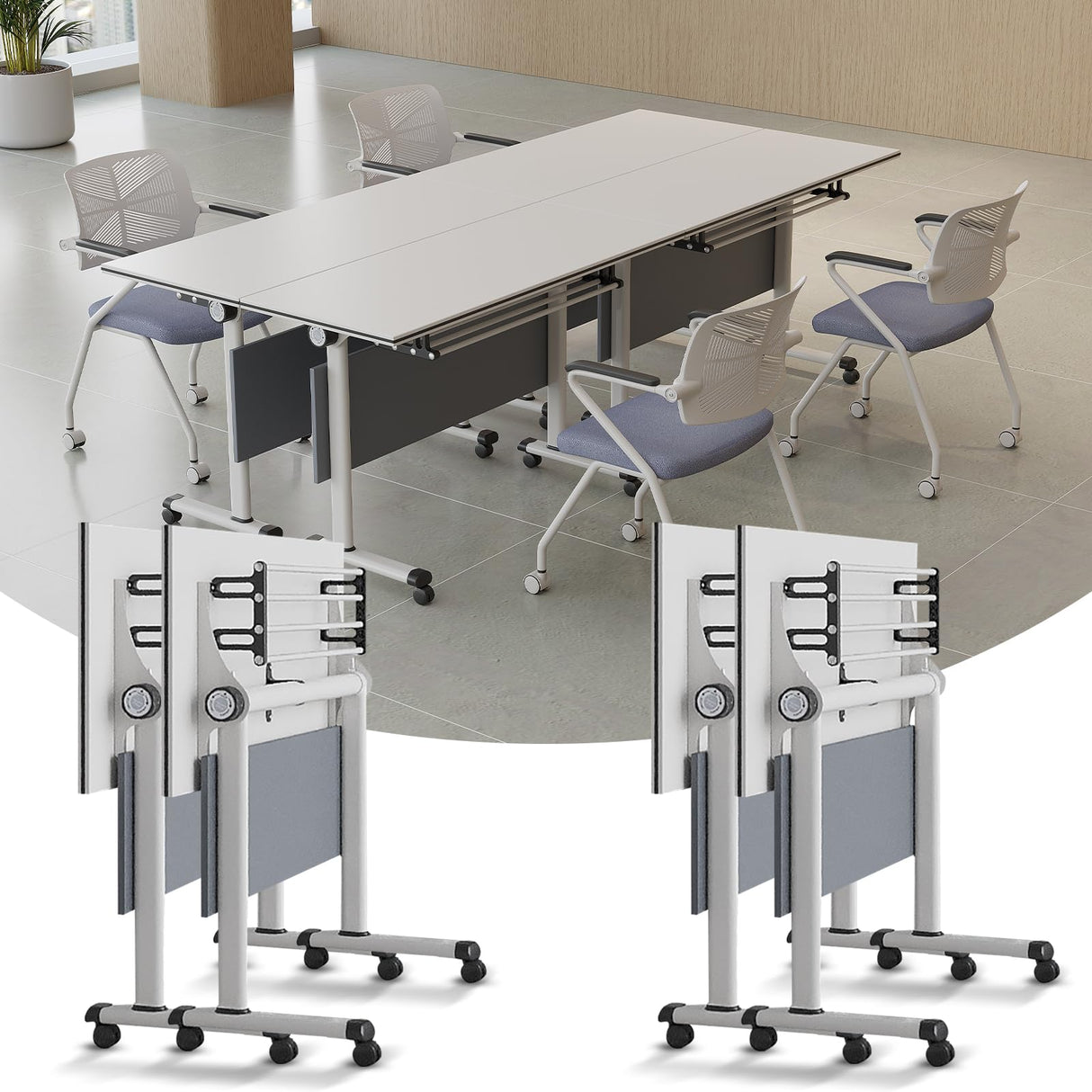 Generic Modern Conference Room Tables, Folding Flip Top Conference Table, White Mobile Training Table, Seminar Boardroom Table, Large Meeting Table for Office,Meeting Room,Classroom 4pcs 140cm WoodArtSupply
