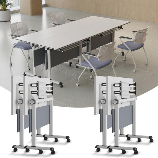 Generic Modern Conference Room Tables, Folding Flip Top Conference Table, White Mobile Training Table, Seminar Boardroom Table, Large Meeting Table for Office,Meeting Room,Classroom 4pcs 140c - WoodArtSupply