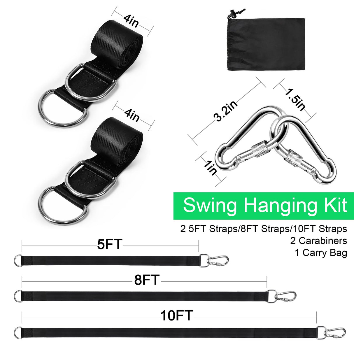 Tree Swing Hanging Straps Kit Holds 2000 lbs,5ft Extra Long Straps Strap with Safer Lock Snap Carabiner Hooks Perfect for Tree Swing & Hammocks, Carry Pouch Easy Fast Installation (5 ft) WILDJUE