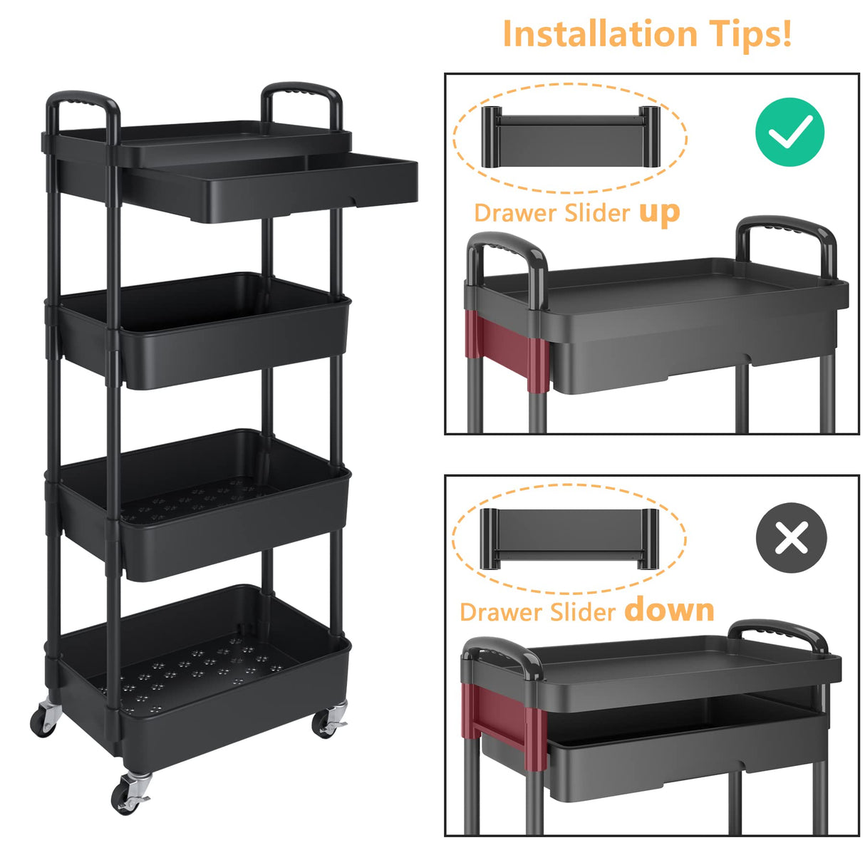 Calmootey 4-Tier Rolling Utility Cart with Drawer,Multifunctional Storage Organizer with Plastic Shelf & Metal Wheel,Storage Cart for Kitchen,Bathroom,Living Room,Office,Black Calmootey