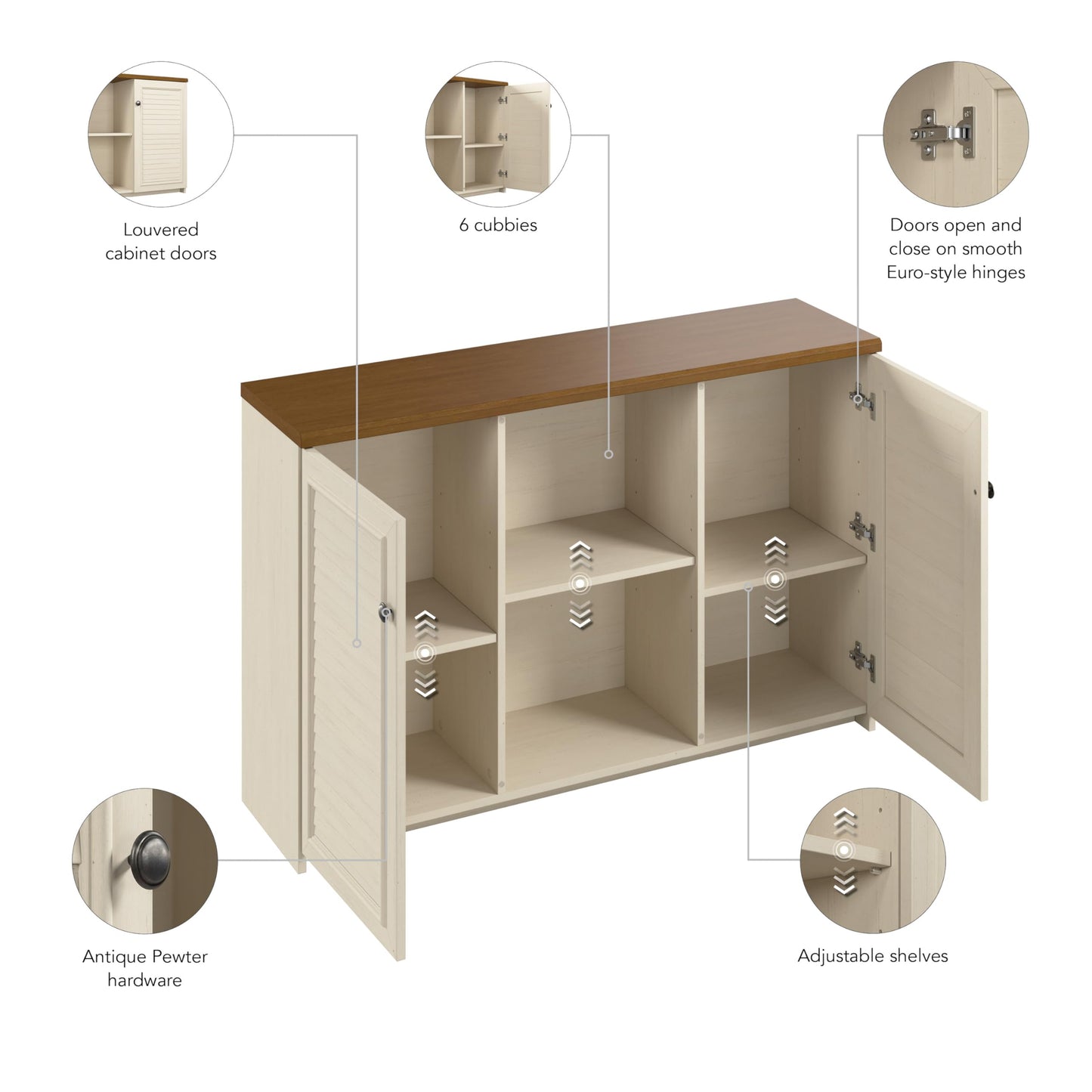 Bush Furniture Fairview Antique White Accent Cabinet with Tea Maple Doors for Home Office Storage - WoodArtSupply