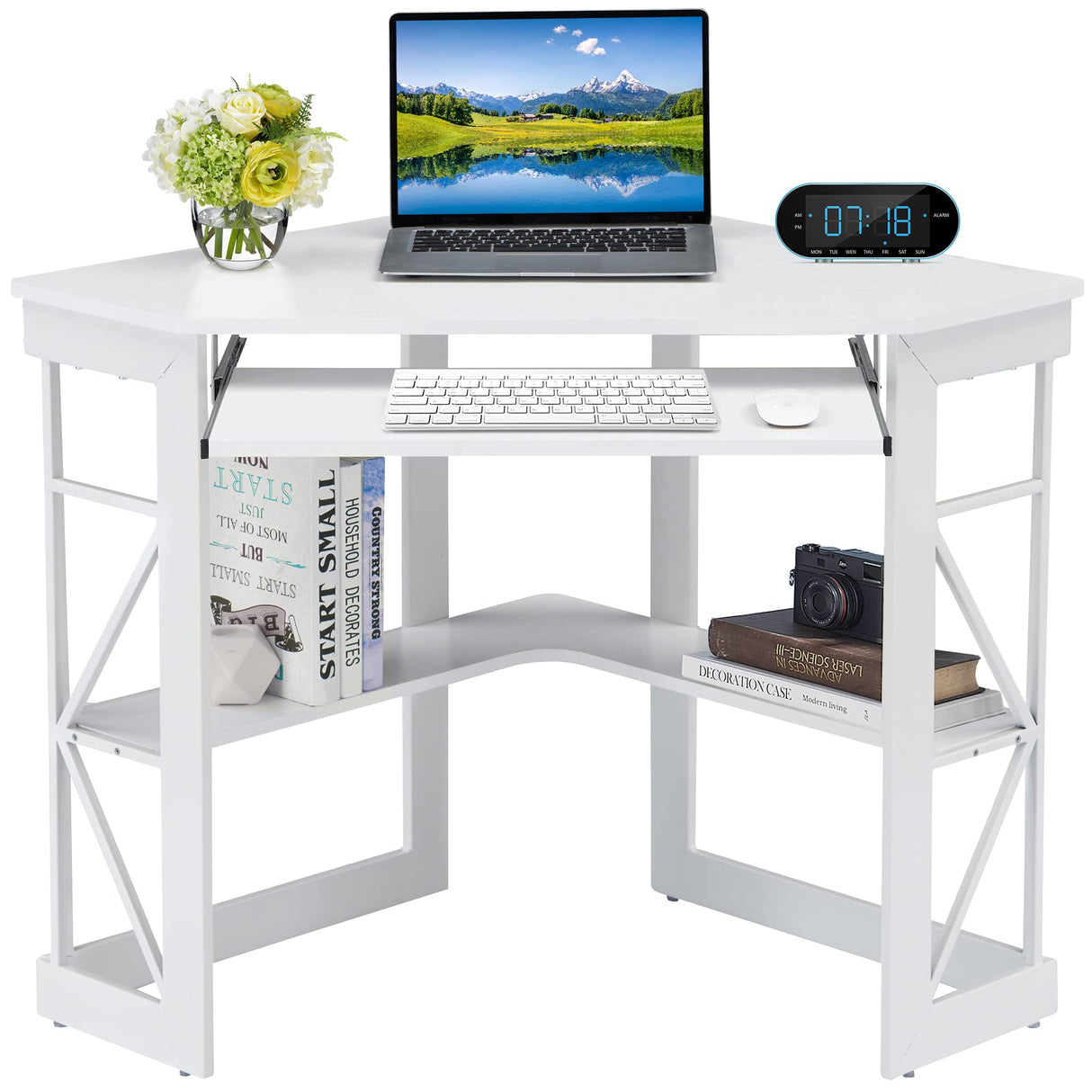 VECELO Corner Computer Desk 41 x 30 inches with Smooth Keyboard & Storage Shelves for Home Office Workstation, White VECELO