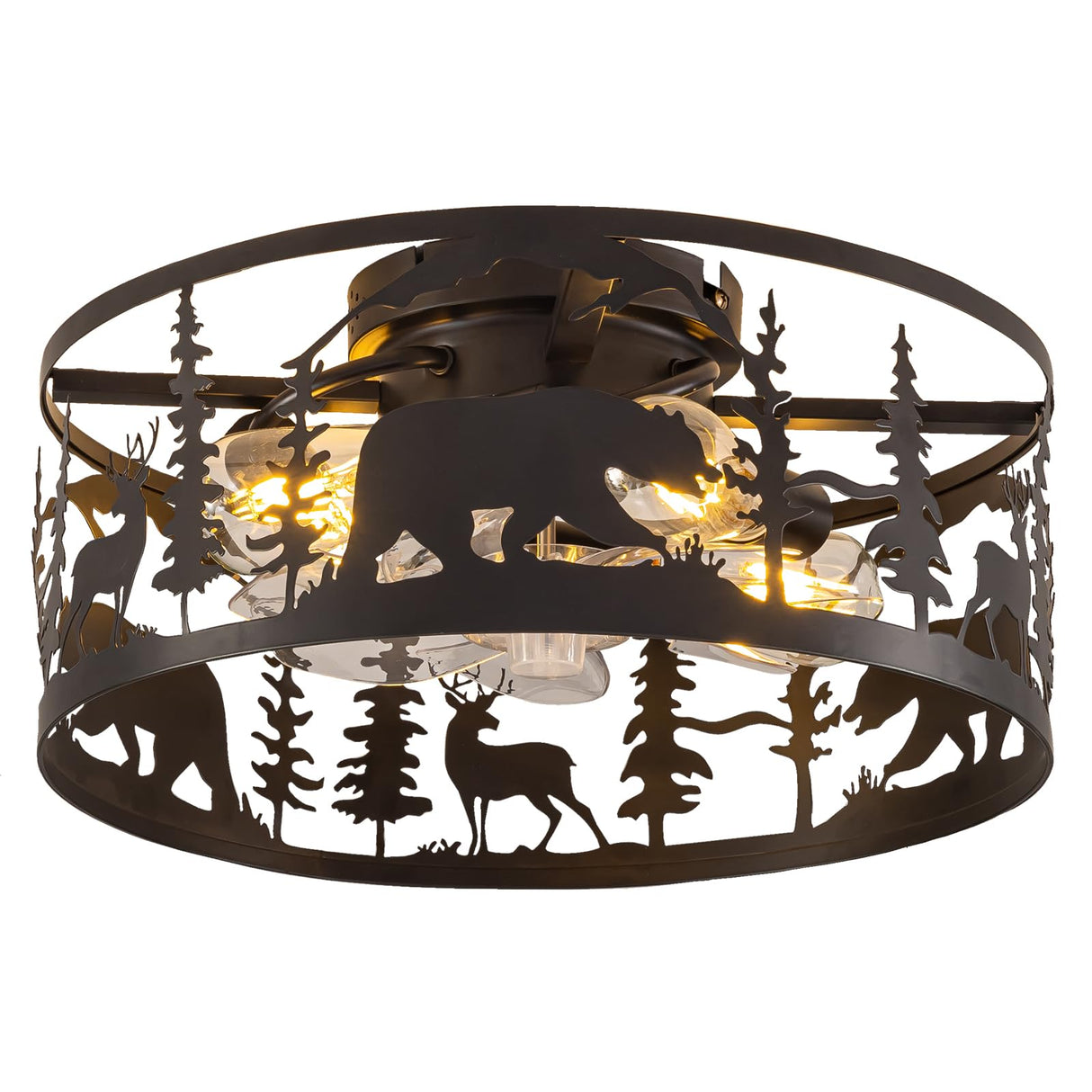 YEDAORL Farmhouse Caged Ceiling Fans with Lights and Remote Control,Rustic Black Chandelier Fan with Bear Deer Design,Flush Mount Low Profile Fandelier for Bedroom,Dining Living Room,Foyer YEDAORL