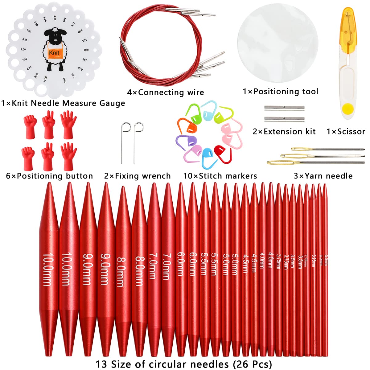 Looen 57 pcs Aluminum Circular Knitting Needles Set with Ergonomic Handles,13 Size Interchangeable Crochet Needles with Storage Case for Small Project (Style 1 New Red) LOOEN