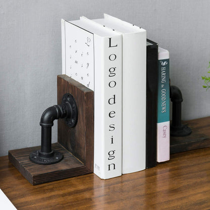 MyGift Dark Brown Industrial Pipe & Rustic Wood Bookends, Set of 2