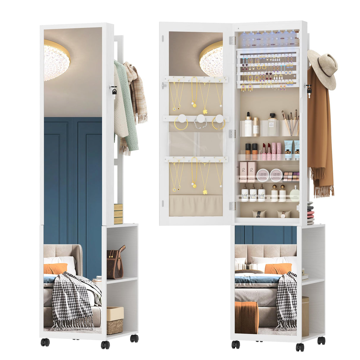 Hzuaneri 8 LEDs Jewelry Cabinet Armoire, 64.8-inch Jewelry Organizer with Garment Rack, Lockable Full-length Mirror with 4 Wheels, Storage Shelves with Hooks, 5-in-1, White and Beige JC17003BE Hzuaneri