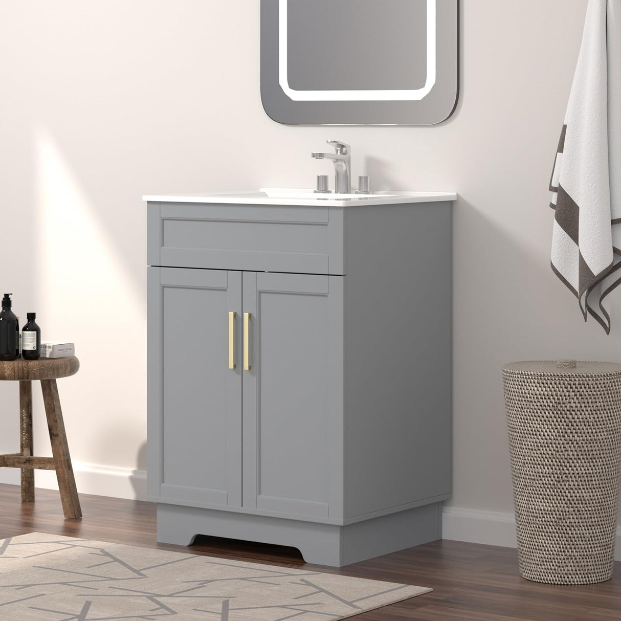 Ymise Bathroom Vanity with Sink, 24-Inch Bathroom Vanities Cabinet with Large Storage Space, Wooden Bathroom Sink Cabinet, Grey Ymise