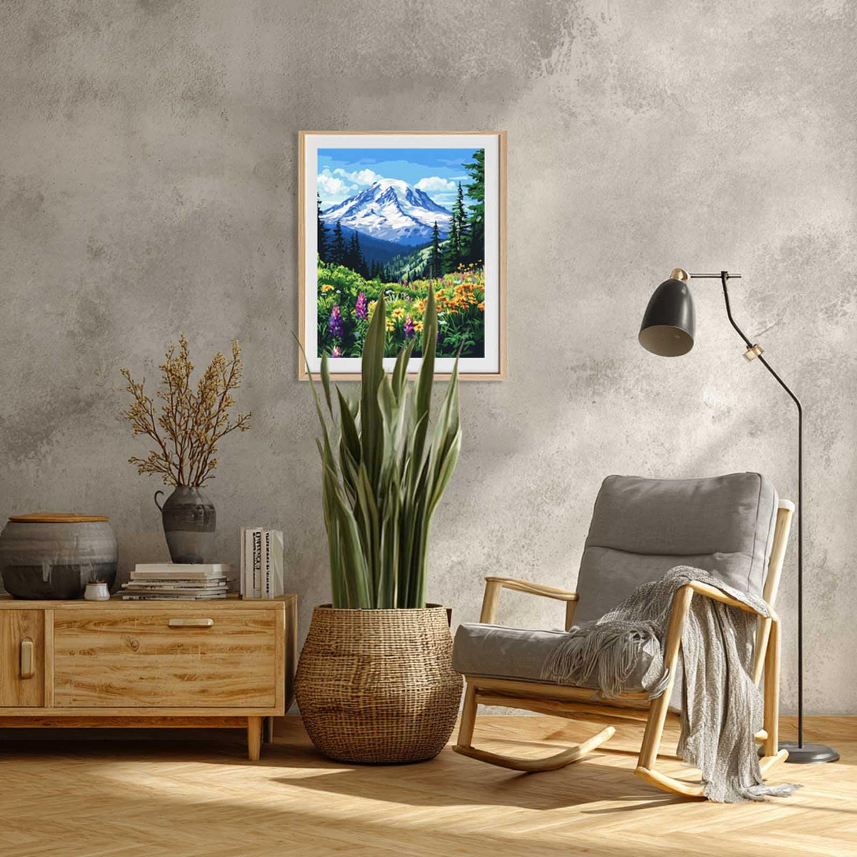 Mount Rainier Mountains Paint by Numbers, Paint by Numbers for Adults, National Park Paint by Number Kits, Scenery Gift Home Wall Decor - Snow Mountain Trees Flowers Landscape(16x20inch) Artbrush Tower
