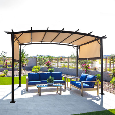 VINGLI 9’ x 12’ Outdoor Pergola with Adjustable Canopy, Steel Arched Patio Pergola Grape Trellis Pavilion Grill Gazebo for Backyard and Garden (Beige-9'x12')