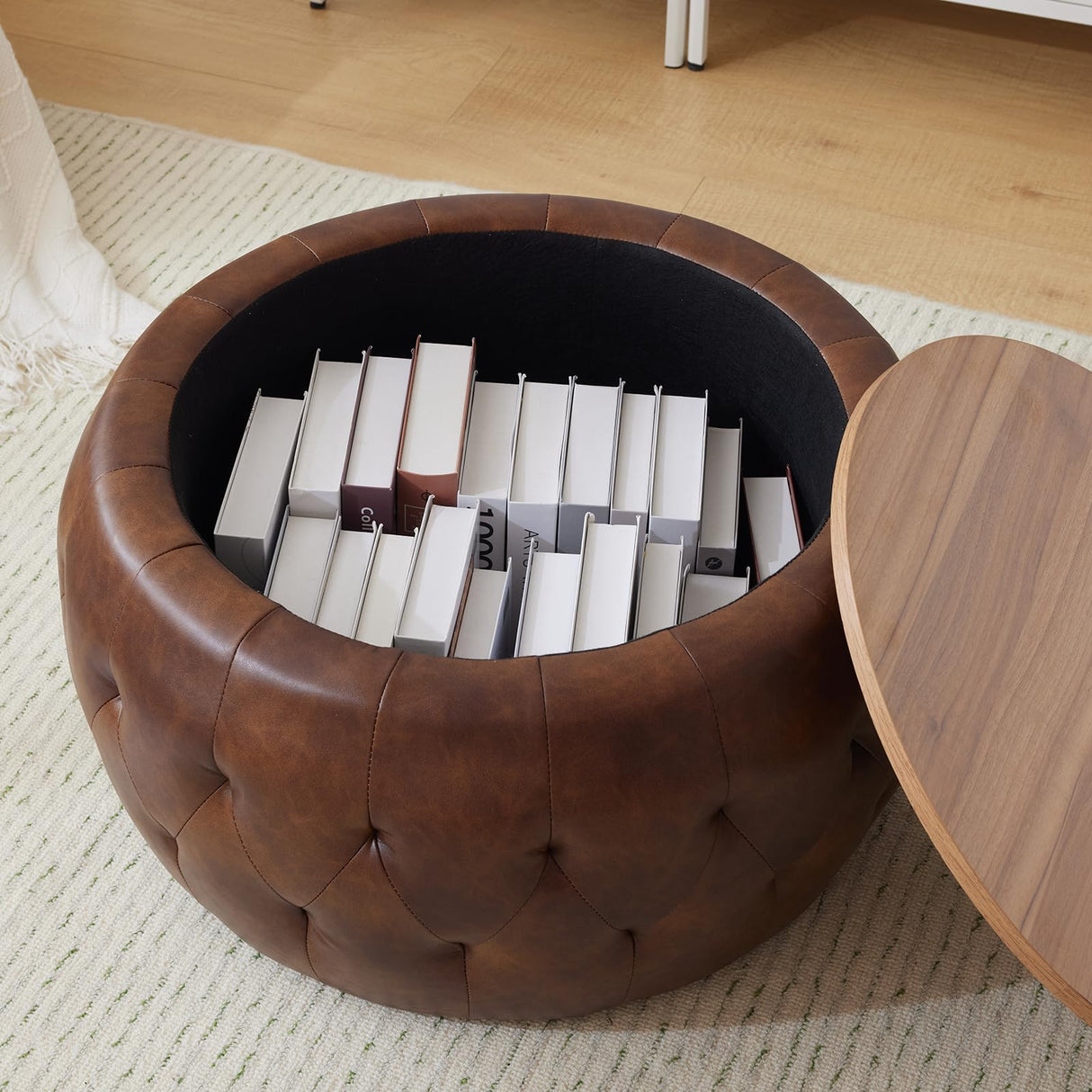 YDcosyfy PU Leather Round Storage Ottoman with Wooden Lid, 25 Inch Tufted Circle Ottoman Footrest Stool Bench Coffee Table for Living Room,Brown YDcosyfy