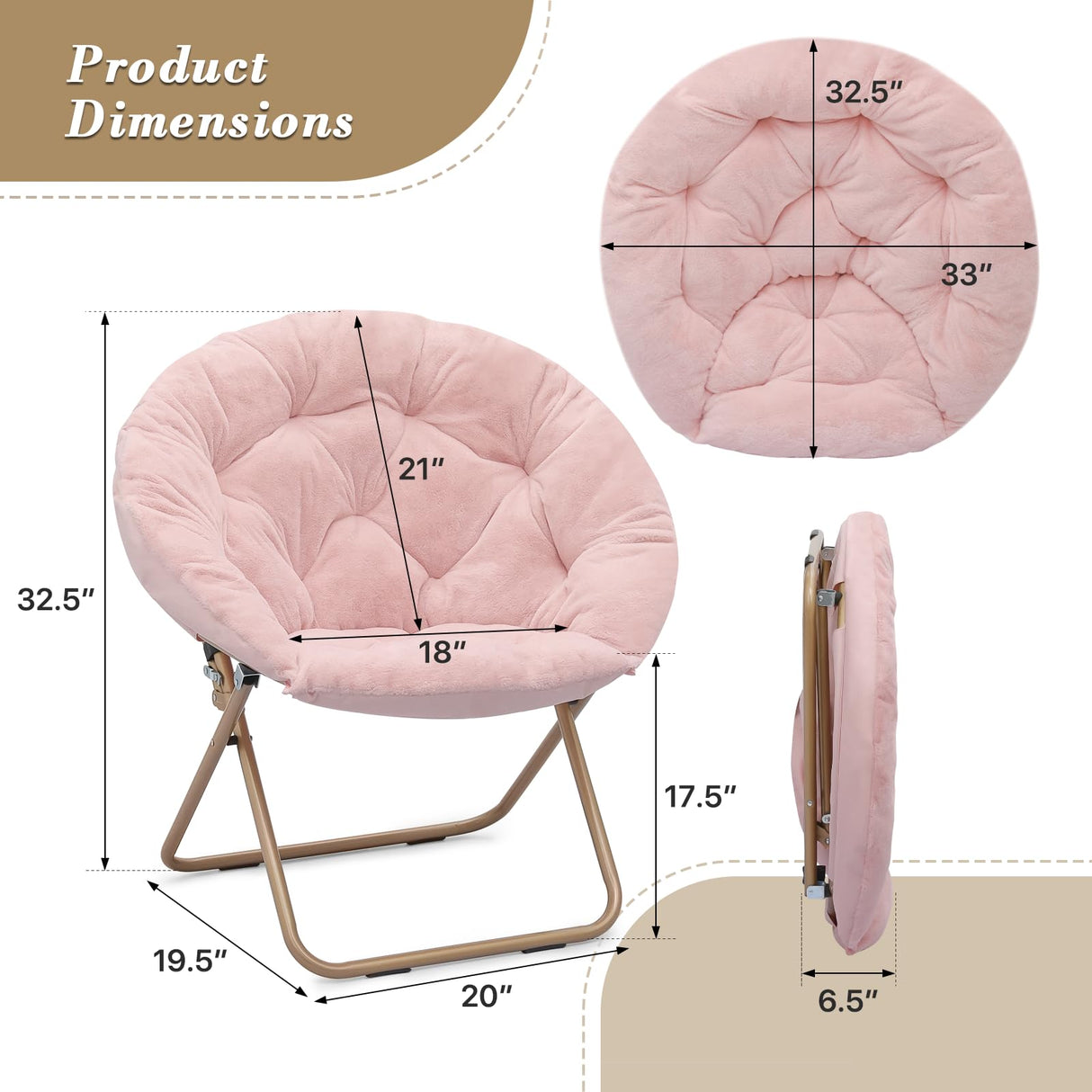 Athena Collection Comfy Saucer Chair Folding Cozy Chair for Bed Room Living Room Accent Chair Faux Fur Reading Chair Foldable Metal Frame Lazy Chair Moon Chair for Adult, Pink Athena Collection