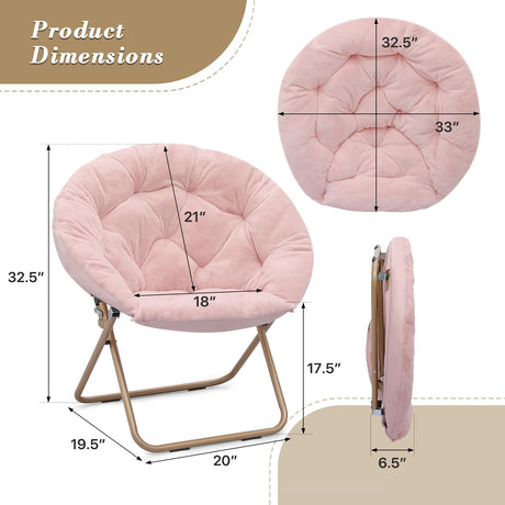Athena Collection Comfy Saucer Chair Folding Cozy Chair for Bed Room Living Room Accent Chair Faux Fur Reading Chair Foldable Metal Frame Lazy Chair Moon Chair for Adult, Pink Athena Collection
