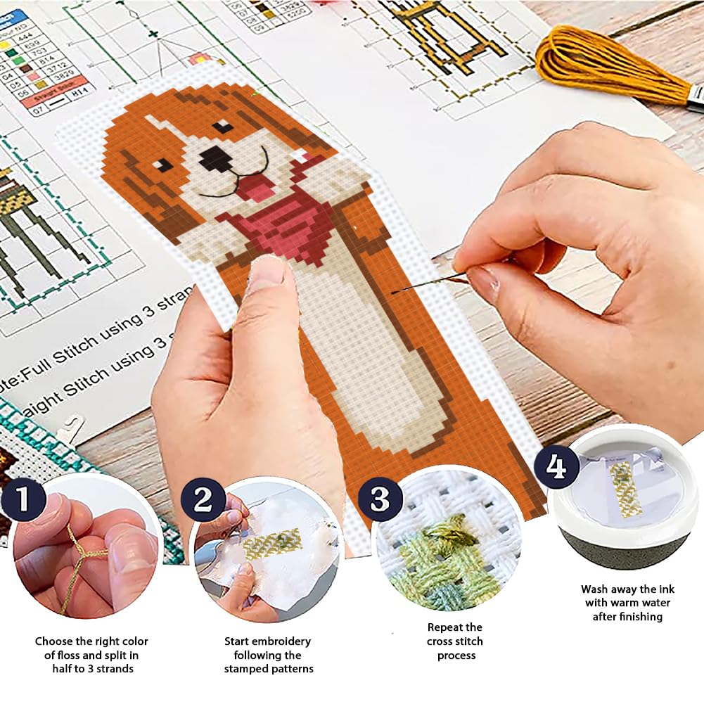 ACRNIGHEET 6PCS Cross Stitch Bookmark Kit for Beginner Cartoon Animals Stamped Cross Stitch Kits for Adults DIY Embroidery Bookmark Kits Crossstitch Kits Adult with Instructions Hand Craft Gift 11CT ACRNIGHEET