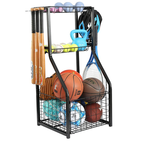 YueTong Sports Equipment Organizer for Garage Organization,Ball Storage With Basketball Holder and Ball Cart Rack,Outdoor Toy Storage with Bin for Nerf Gun,Football,Volleyball Stuf,Gym Accessories YueTong