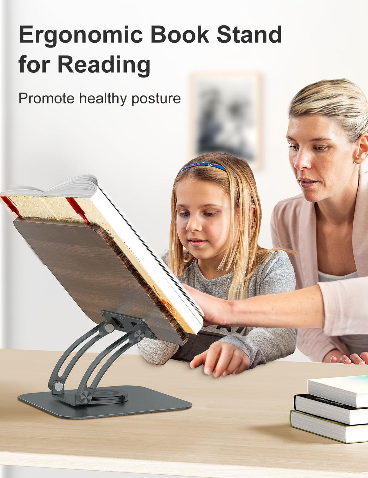Tounee Book Stand for Reading, Adjustable Book Holder with 360° Swivel Base, Foldable Cookbook Stand Recipe Book Holder with Elastic Page Clips for Music Scores, Recipe, Tablet, Laptop-Gray tounee